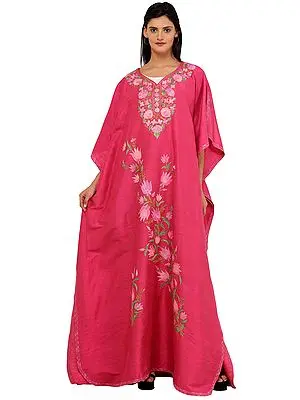 Party-Punch Long Kashmiri Silk Kaftan with Aari Embroidered Flowers