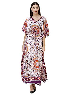 Long Printed Kaftan with Waist Sash