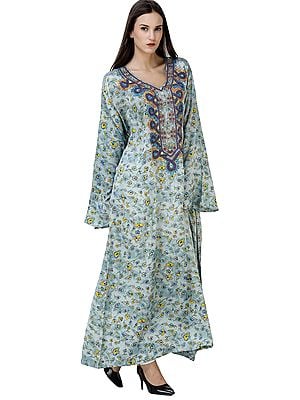Blue-Fog Maxi Gown from Srinagar with Printed Flowers and Embellished Beads