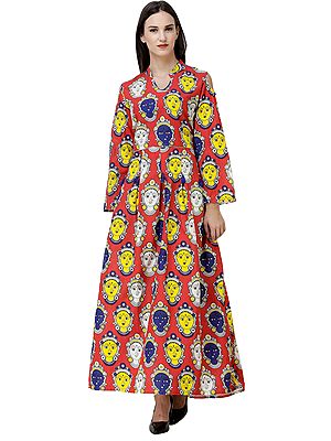 Long Gown with Kalamkari Printed Goddess and Slit Shoulders