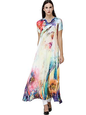 Double-Cream Digital-Printed Long Gown from Kashmir with Giant Flower