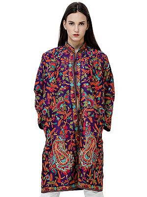 Majesty  Long Jacket from Amritsar with Aari-Embroidered Multicolor Flowers All-Over