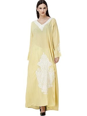 Lemon-Grass Long Gown from Kashmir with Aari-Embroidery