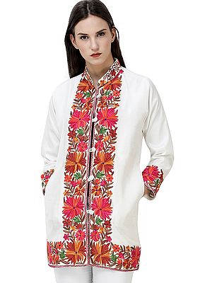 Snow-White Short Kashmiri Jacket with Aari-Embroidered Multicolor Flowers