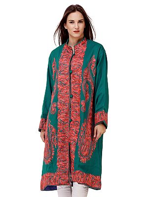 Viridian-Green Long kashmiri Jacket with Embroidered Paisleys