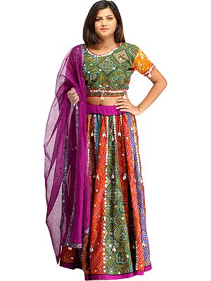 Multi-Colored Ghagra Choli From Rajasthan with Chunri Print and Hanging Cowries