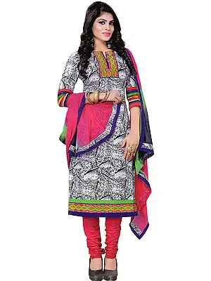 White-Black Printed Choodidaar Kameez Suit with Embroidered Patch