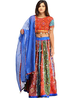 Multi-Color Ghagra Choli from Rajasthan with Chunri Print and Dangling Cowries