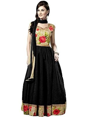 Jet-Black Anarkali Suit with Printed Flowers and Gota Lace