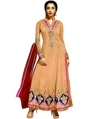 Beige Long Straight Salwar Kameez Suit with Zari-Embroiderd Patches