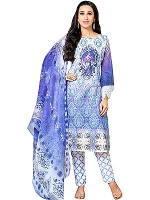 White and Purple Floral Printed Parallel Salwar Suit with Embroidered Patch and Chiffon Dupatta