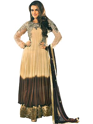 Beige and Chocolate Two-Layered Anarkali Suit with Embroidered Beads on Neck