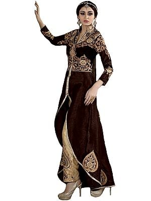 Chocolate and Coccon Designer Parallel Salwar Suit with Zari-Embroidered Patches and Bolero Jacket