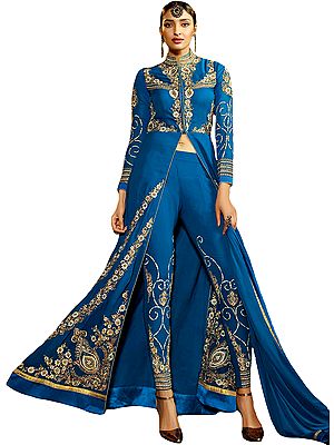 French-Blue Designer Long Suit with Zari-Embroidery and Crystals