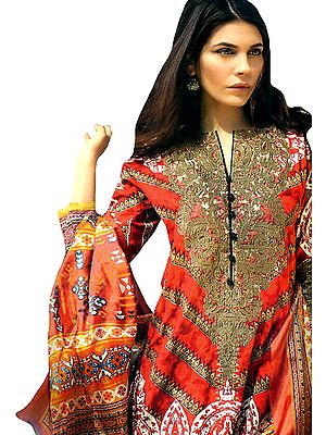 Paprika-Red Floral Printed Salwar Kameez Suit with Chiffon Dupatta