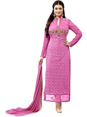 Cashmere-Rose Embroidered Long Chudidar Kameez Suit with Zardozi Patch