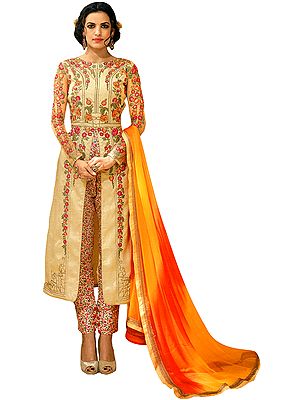 Almond-Oil Long Parallel Salwar Suit with Floral-Embroidery in Multicolor Thread