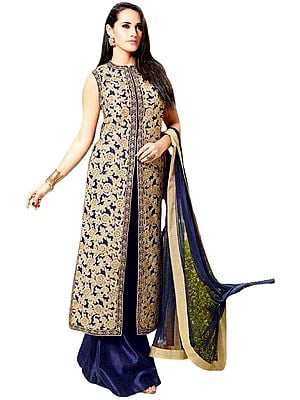 Patriot-Blue Long Palazzo Salwar Kameez Suit with All-Over Embroidery and Stone-work