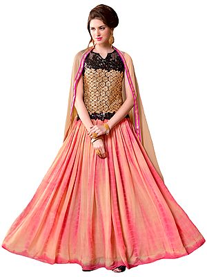 Beige and Pink Embroidered Anarkali Suit with Batik Print and Black Sequins