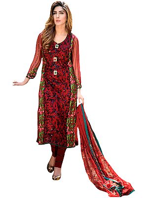 Garnet-Red Salwar Kameez with Sequins and Embroidery in Black Thread