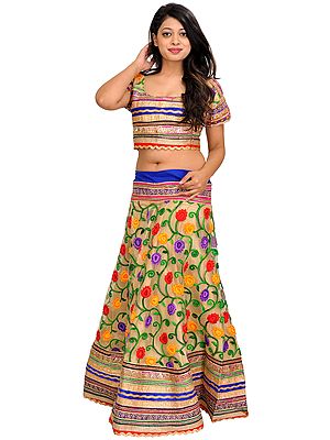 Frosted-Almond Two-Piece Lehenga Choli with Aari-Embroidered Flowers and Gota Patch Border