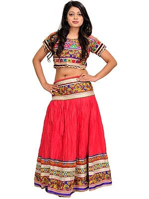 Porcelain-Rose Two-Piece Lehenga Choli with Floral Thread Embroidery and Gota Border