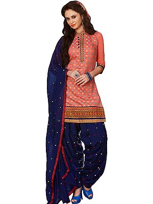 Candlelight-Peach and Blue Patiala Salwar Kameez Suit with Woven Bootis and Embroidered Patches