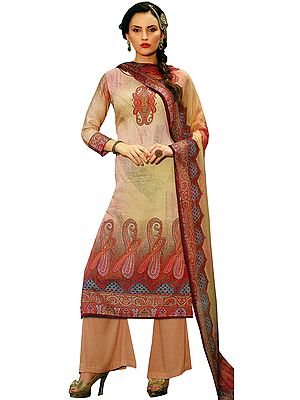 Amberlight and Red Parallel Salwar Kameez Suit with Digital-Printed Paisleys