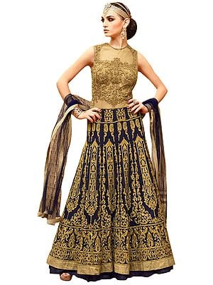 Golden and Navy-Blue Designer Lehenga Suit with Zari-Embroidery All-Over and Crystals