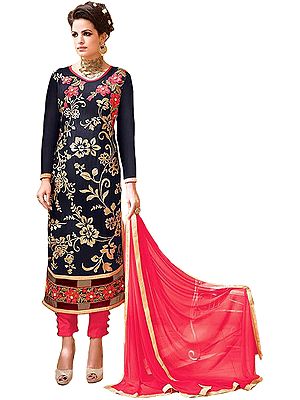 Dark-Blue and Pink Floral Embroidered Long Parallel Salwar Suit with Applique Flowers and Net Border