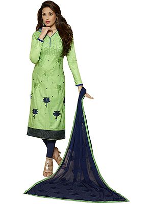Green and Blue Long Choodidaar Kameez Suit with Embroidered Lotuses and Bootis