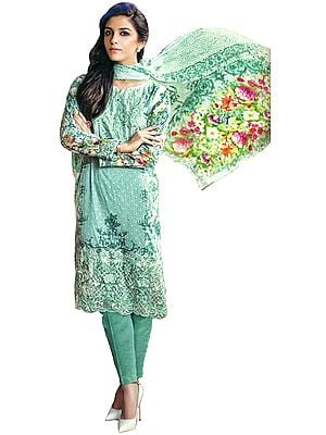 White and Aqua Floral-Printed Salwar Kameez Suit