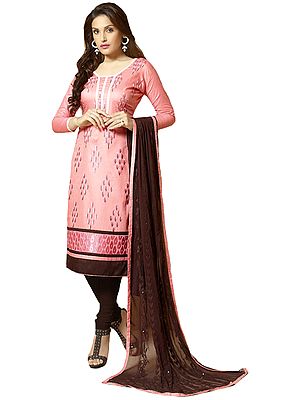 Pink and Chocolate Choodidaar Kameez Suit with Embroidered Leaves and Chiffon Dupatta