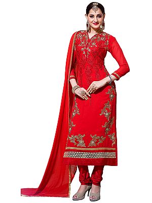Bittersweet-Red Wedding Long Choodidaar Kameez Suit with Zari-Embroidery and Crochet Border