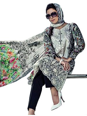 White and Black Parallel Salwar Suit with Floral Print and Chiffon Dupatta