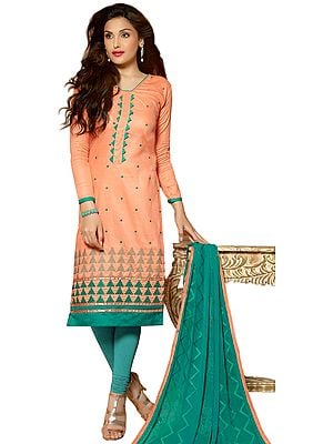 Peach-Nectar and Green Choodidaar Kameez Suit with Thread-Embroidery and Mirrors