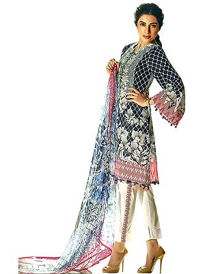 Blue-Nights and White Parallel Salwar Suit with Floral Print and Chiffon Dupatta
