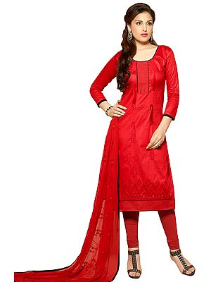 Tomato-Red Choodidaar Kameez Suit with Embroidered Paisleys