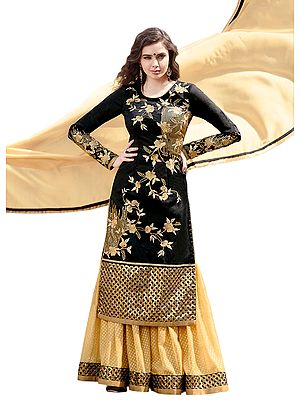 Black and Beige Designer Sharara Salwar Suit with Floral Zari-Embroidery and Sequins