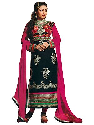 Black and Pink Soha Ali Long Choodiddaar Kameez Suit with Embroidery and Sequins