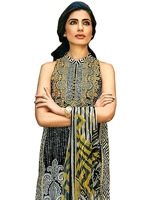 Jet-Black Salwar Kameez Suit with Floral Print and Chiffon Dupatta