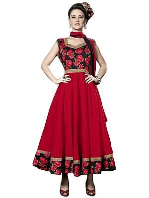 Red and Black Anarkali Suit with Printed Roses and Gota Border