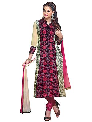 Cream and Pink Long Choodidaar Kameez Suit with Embroidered Flowers and Mirrors