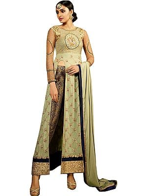 Seafoam-Green Long Parallel Salwar Suit with All-Over Zari Embroidery and Crystals