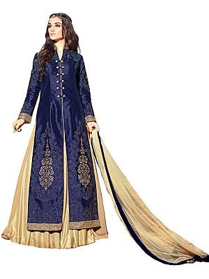 Blue and Beige Designer Lehenga Suit with Floral Embroidery and Crystals