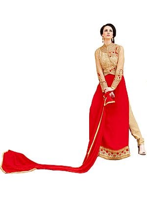 Golden and Red Wedding Long Choodidaar Kameez Suit with Embroidered Bolero Jacket