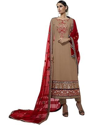 Beige and Red Long Trouser Salwar Kameez Suit with Embroidery in Zari and Net Dupatta