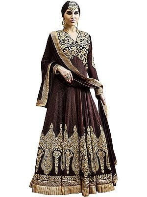 Bitter-Chocolate Designer Floor Length Anarkali Suit with Zari-Embroidered Patches and Stone-work