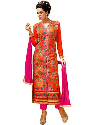 Orange and Pink Long Parallel Salwar Suit with Embroidered Flowers and Crystals