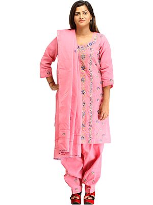 Sachet-Pink Kantha Hand-Embroidered Salwar Kameez Suit from Kolkata